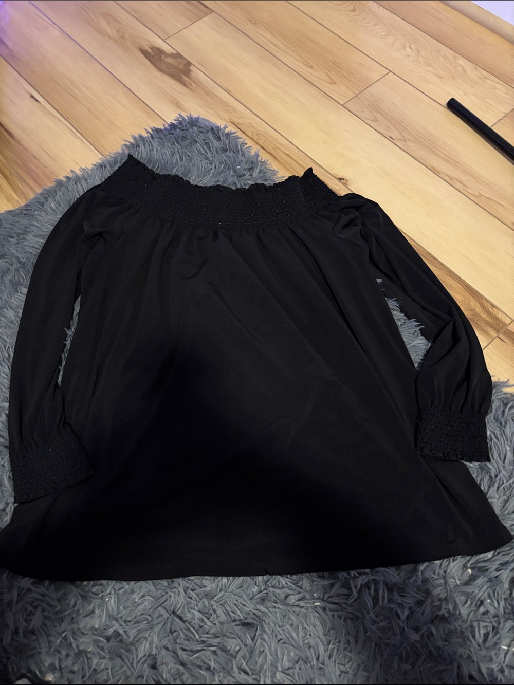 Calvin Klein Off-Shoulder Black Long Sleeve Smocked Top